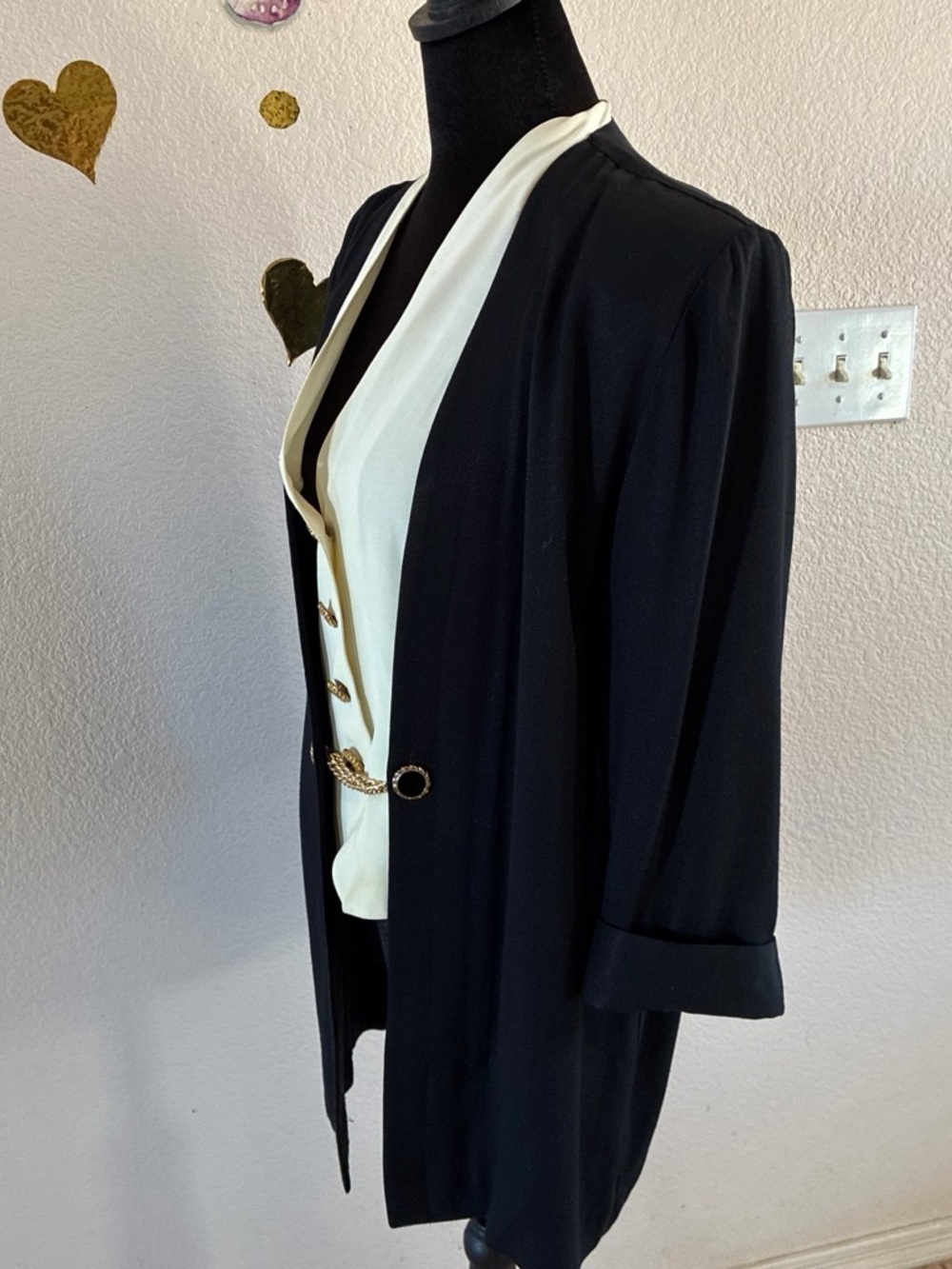Black Open-Front Jacket with Cream Vest Detail - Picture 5 of 8